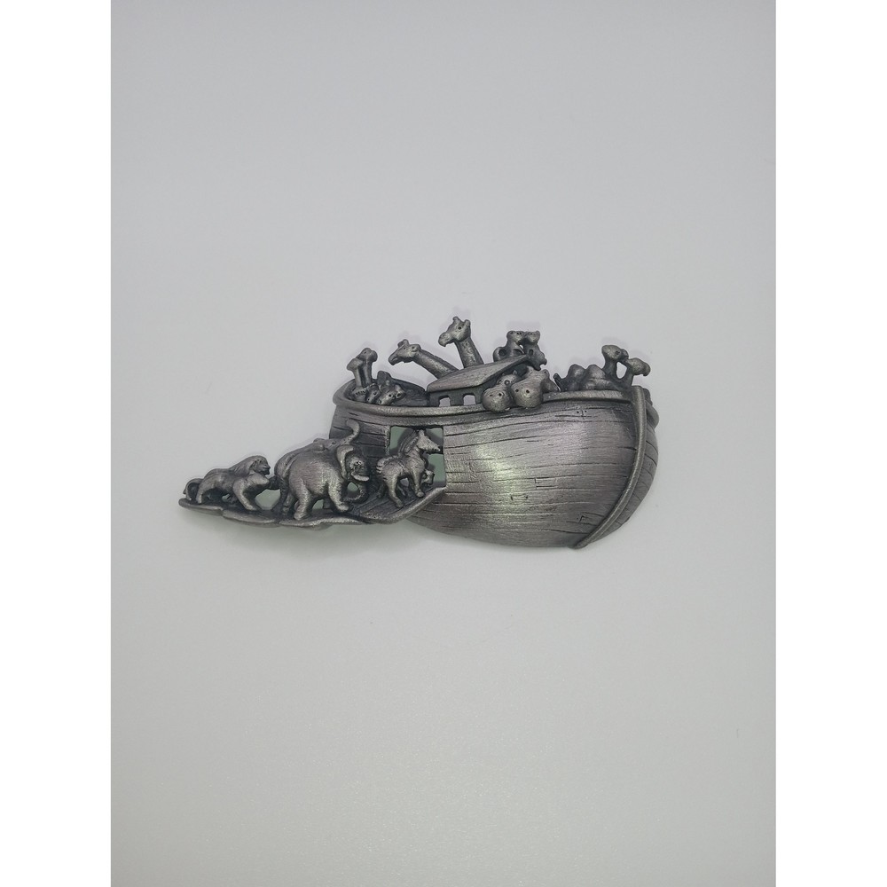 AJC Noahs Ark Pewter Tone Animal Boat Brooch Pin Vintage Signed